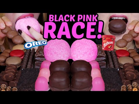 ASMR BLACK PINK DESSERT RACE! MINI DOVE ICE CREAM, MALTESERS, MARSHMALLOW SNOBALL, MINI JELLY, OREO