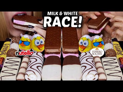 ASMR MILK & WHITE CHOCOLATE RACE! NEAPOLITAN ICE CREAM SANDWICHES, SURPRISE EGGS, ZEBRA CAKE, KINDER