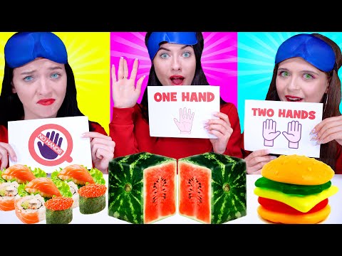 ASMR No Hands vs One Hand vs Two Hands Eating Challenge With Closed Eyes By LiLiBu #3