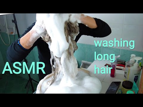 ASMR long hair wash with shampoo and conditioner.