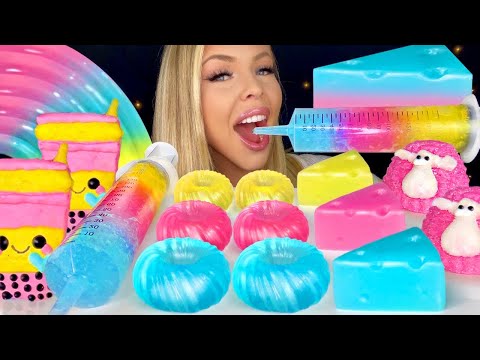 ASMR BUBBLE TEA MACARONS, SPIRAL DONUT, CHEESECAKE JELLY, MARSHMALLOW SHEEP, SYRINGE MUKBANG 먹방 꿀벌