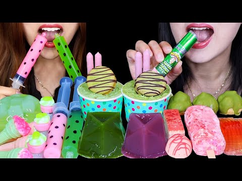 ASMR PINK & GREEN SOUR JELLY SHOOTERS, DIAMOND YOKAN, GUMMY CUPCAKES, STRAWBERRY SHORTCAKE BAR 먹방