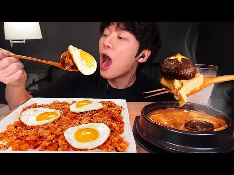 MUKBANG 집밥! 뜨끈~한 된장찌개 & 불닭소스 깍두기 볶음밥 & 계란후라이 조합 먹방ㅣDoenjang jjigae & Kimchi fried rice & fried eggs