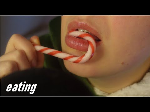 Close-Up candy cane eating 🍬 Crunchy and sticky  Mouth Sounds  No Talking ASMR)