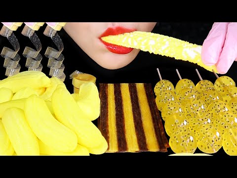 YELLOW FOOD ASMR FROG EGGS JELLY ASMR BANANA MARSHMALLOW, EDIBLE TAPE ASMR