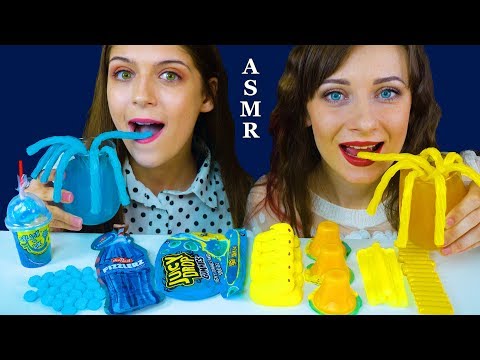 ASMR BLUE VS YELLOW SPLASH N LIK, WAX STICKS, CHEWY NERDS, JELLY CUPS EATING MUKBANG