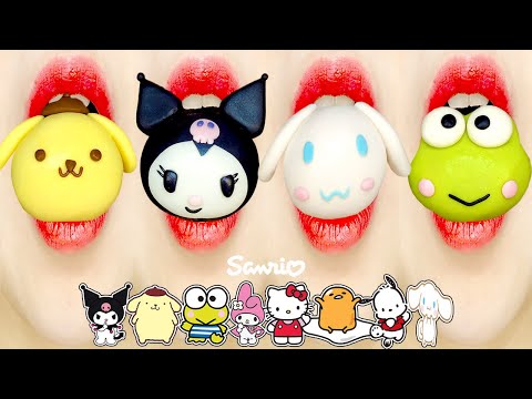 ASMR MUKBANG SANRIO FRUITS RICE CAKE MOCHI (KUROMI, CINNAMOROLL, MY MELODY) EMOJI FOOD EATING SOUNDS