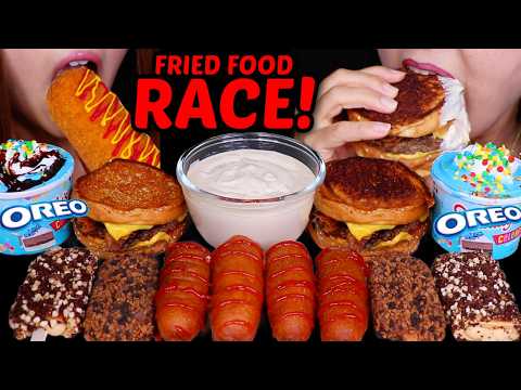 ASMR RACE FRIED FOOD FEAST! Birthday cake ice cream, Bacon cheeseburgers, Crunchy corn dogs 먹방