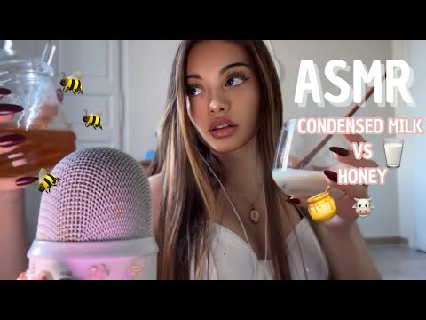 ASMR | Honey vs condensed milk (leche condensada vs miel) mouth sounds, eating sounds 🐝🥛