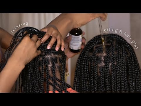 ASMR | Hair play & Scalp oiling on mom's fresh braids + laying baby hair w/ tiny brush (no talking)