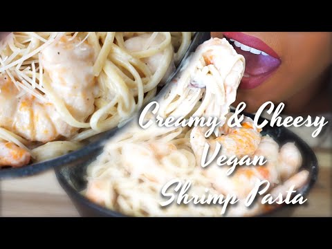 ASMR CREAMY & CHEESY VEGAN SHRIMP PASTA + RECIPE  | Whispering