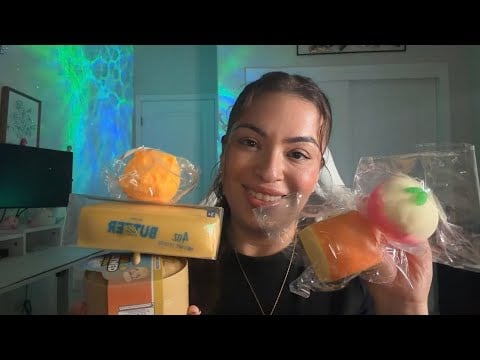ASMR Rating my new squishes ⭐️-🧈🍞🍑🥟🧀