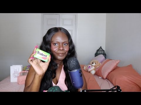 HOT PINK Acrylic Nail Tapping ASMR Trident Gum Chewing Sounds