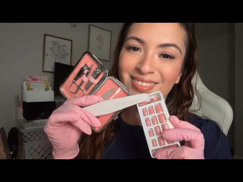 ASMR| Doing your nails 💅🏻- Press on nails, nail filling, & hand massage