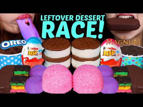 ASMR LEFTOVER DESSERT RACE! RAINBOW CAKE BITES, PINK SNOBALL CAKES, PURPLE MOCHI, MAGNUM, KINDER EGG