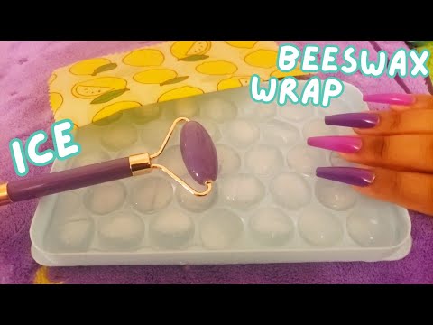 Beeswax Wrap Tapping with Long Nails on Ice , ASMR No Talking , Ice Tapping , Jade Roller on Ice