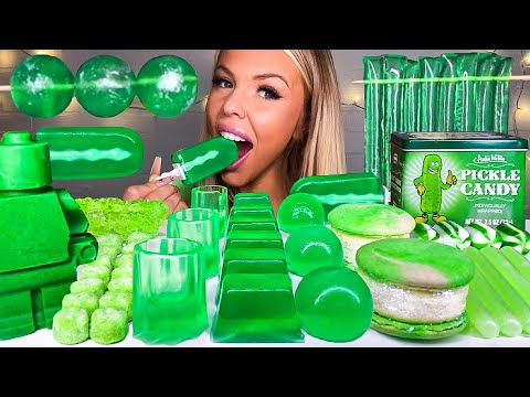 MOST POPULAR ASMR *GREEN FOOD* JELLY POPSICLE, EDIBLE GLASS, GREEN TEA MACARON, LEGO MAN MUKBANG 먹방