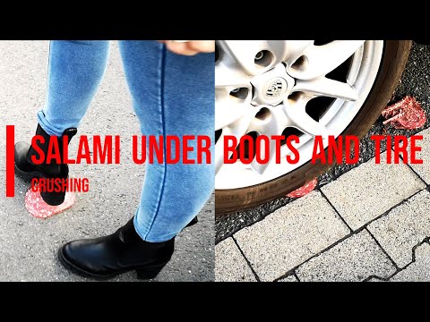 Experiment: salami under boots and car tire #crush #asmr #automobile #legs #heels #shoes #foot