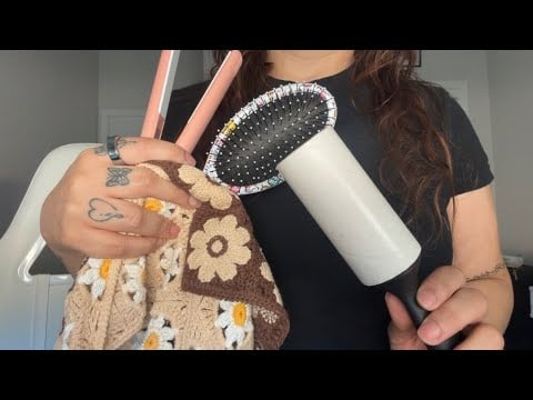 ASMR Lint rolling your shirt & styling your hair (curls & bandana 🤎) 