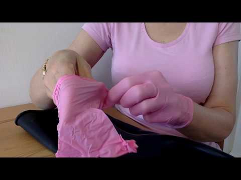 #Rubber #ASMR Mummy Makes Squeaking Sounds Large Industrial Gauntlet XS Medical Pink Gloves