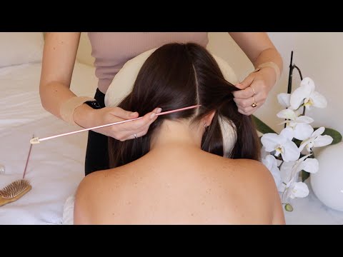 ASMR | Hair parting, gentle pulling, hair brushing, scalp + back scratch on Emily (no talking)