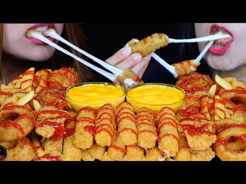 ASMR CHEESY FRIED FOOD FEAST! MOZZARELLA CHEESE STICKS, ONION RINGS, FRIED CHICKEN, FRIES, FISH 먹방