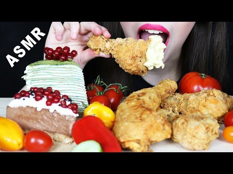 ASMR KFC FRIED CHICKEN COPYCAT, NUTELLA CHEESECAKE & GREEN TEA CREPE CAKE (EATING SOUNDS)