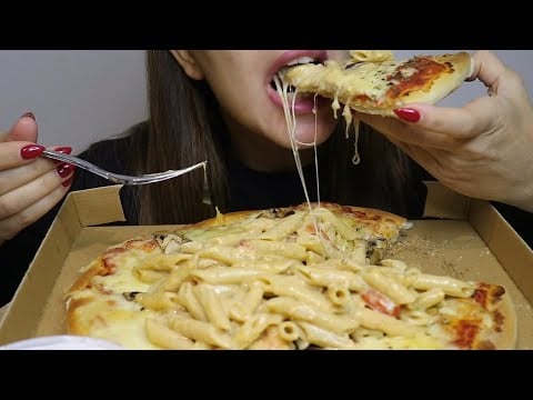 ASMR CREAMY CHEDDAR PENNE PASTA ON AN AMERICAN PIZZA / no talking / CREMA ASMR #asmr #mukbang #pizza