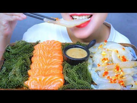 ASMR EATING RAW SALMON X JELLYFISH X SEAGRAPES , EATING SOUNDS | LINH-ASMR