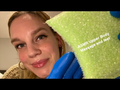 [ASMR] Upper body massage with rubber gloves + feet massage with a special sponge ( lotion sounds )