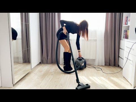 Motivating Cleaning in Long Boots and a Mini Skirt with a Bosch Vacuum Cleaner