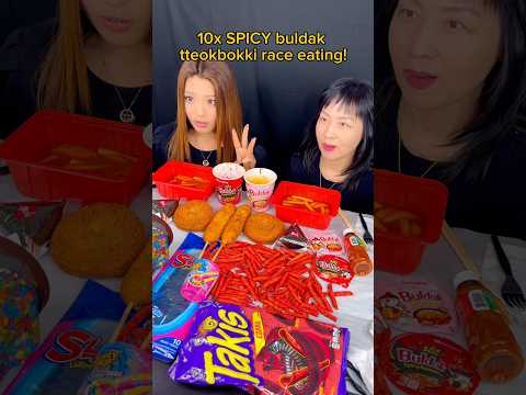 10x spicy buldak noodles, cheesy corn dog, and tteokbokki race eating! #food #eating #mukbang #ramen