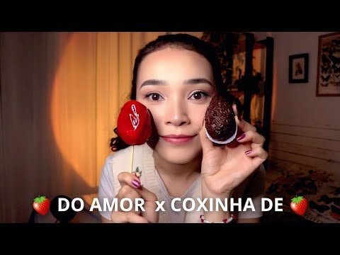 ASMR Provando Morango do Amor 🍓 e Coxinha de Morango| Qual é o melhor?