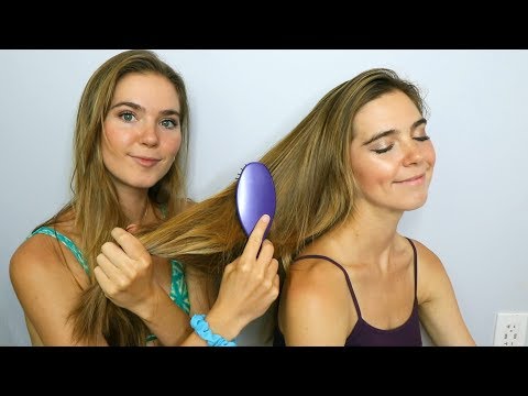 ASMR TWINS Brushing Long Hair & Soft Singing to relax (whispered)