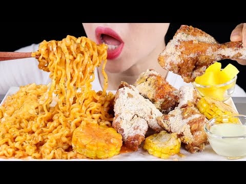 ASMR Samyang Carbo Fire Noodles and Puradak's Cornsomazing Chicken | Eating Sounds Mukbang