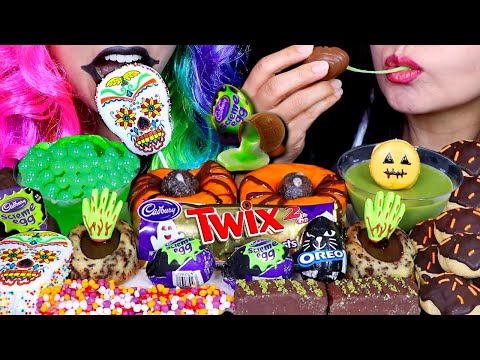 ASMR HALLOWEEN CANDY PARTY! TWIX, OREO EGG, CADBURY, SPIDER DONUT, POPPING BOBA, CAKE, MARSHMALLOW먹방