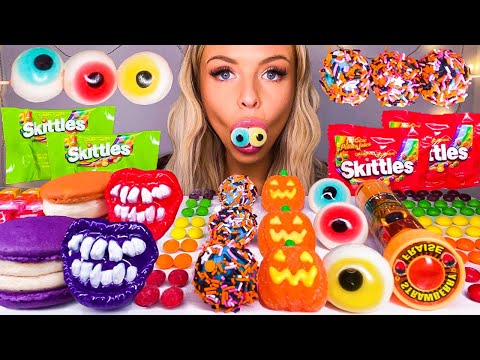 ASMR HALLOWEEN CANDY, EDIBLE FLASHLIGHT, PUMPKIN CANDY, SKITTLES, EYEBALL JELLY, MACARONS MUKBANG 먹방