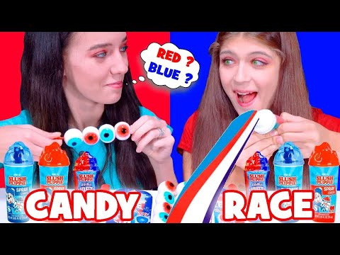 ASMR Blue Candy Race Eating VS Red Food Gummy, Jelly Mukbang