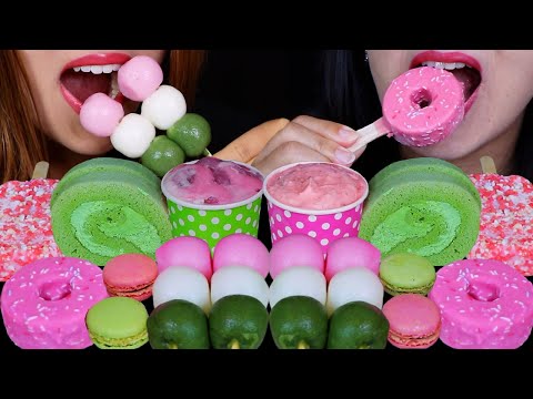ASMR PINK & GREEN DANGO MOCHI BALLS, MATCHA CREAM CAKES, STRAWBERRY DONUT ICE CREAM BARS, MACARON 먹방