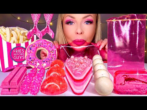 ASMR *PINK FOOD* STRAWBERRY JELLY CAKE, EDIBLE SCORPION LOLLIPOP, KITKAT, LINDOR, JELLY MUKBANG 먹방