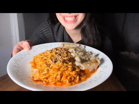 SPICY FIRE NOODLES AND DUMPLINGS ASMR EATING *EXTRA SAUCY*