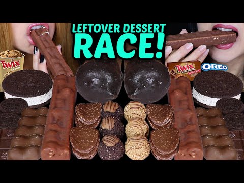 ASMR LEFTOVER DESSERT RACE! TWIX CANDY ICE CREAM BAR, BUBBLY CHOCOLATE, OREO CONE, FERRERO ROCHER 먹방