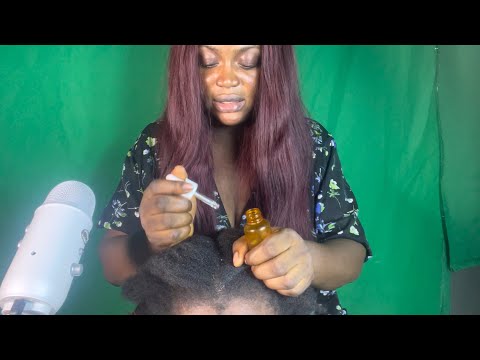 ASMR✨NO GUM SOFT WHISPER SCALP OILING ON MY COUSIN, HAIR PARTING, AND SCRATCHING SOUND.