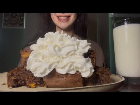 ASMR GOOEY VIRAL SWEET POTATO BROWNIES WITH WHIPPED CREAM *RELAXING EATING SOUNDS WITH WHITE NOISE* 