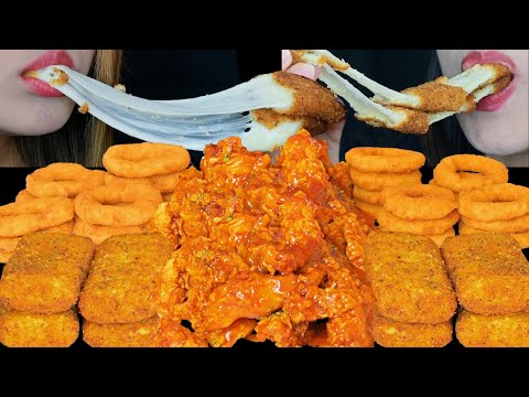 ASMR FRIED FOOD FEAST! GIANT CHEESY MOZZARELLA STICKS, ONION RINGS, SWEET & SPICY FRIED CHICKEN 먹방