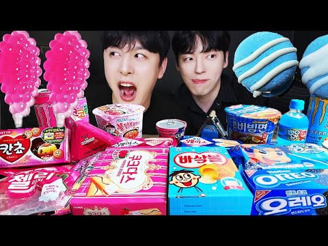 ASMR MUKBANG | 편의점 핑크 블루 디저트 먹방 라면 아이스크림 초콜릿 & BLUE DESSERT HONEY JELLY CANDY