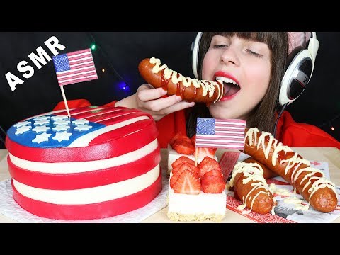 ASMR STAR SPANGLED CAKE, STRAWBERRY CHEESECAKE & GIANT SAUSAGES (EATING SOUNDS) Mukbang 먹방