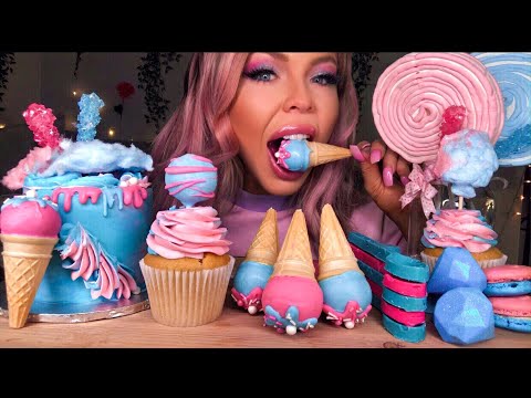 ASMR COTTON CANDY CAKE, ICE CREAM CAKE POPS, SPOONS, BOBA, JEWELS, MARSHMELLOW LOLLIPOP MUKBANG 먹방