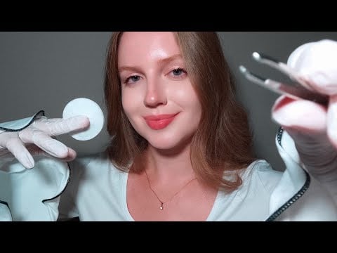 ASMR Eyelid Massage in Gloves. Eyebrows Plucking. Unintelligible Whispers