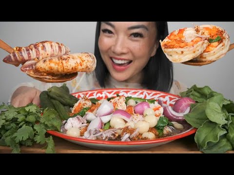 THAI SPICY OCTOPUS SHRIMP SEAFOOD PLATTER (ASMR EATING SOUNDS) NO TALKING | SAS-ASMR